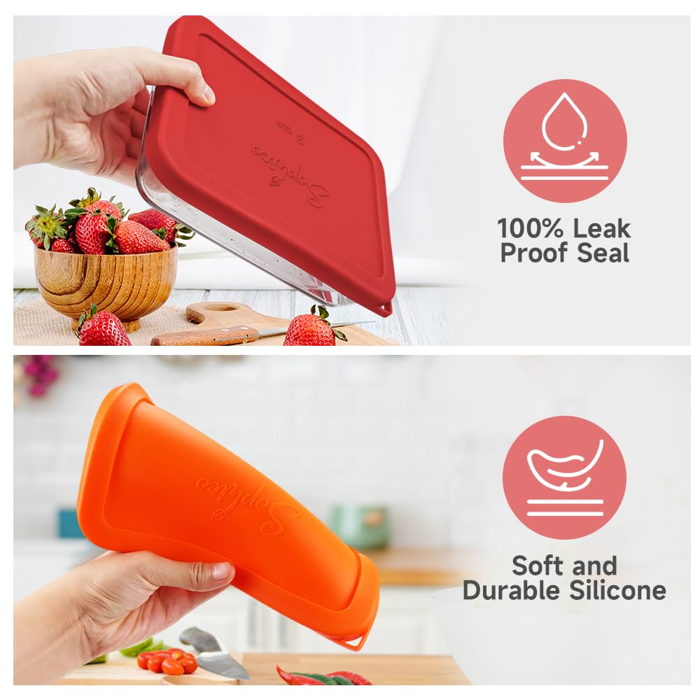 Red and orange silicone food covers with text highlighting features on a kitchen background.