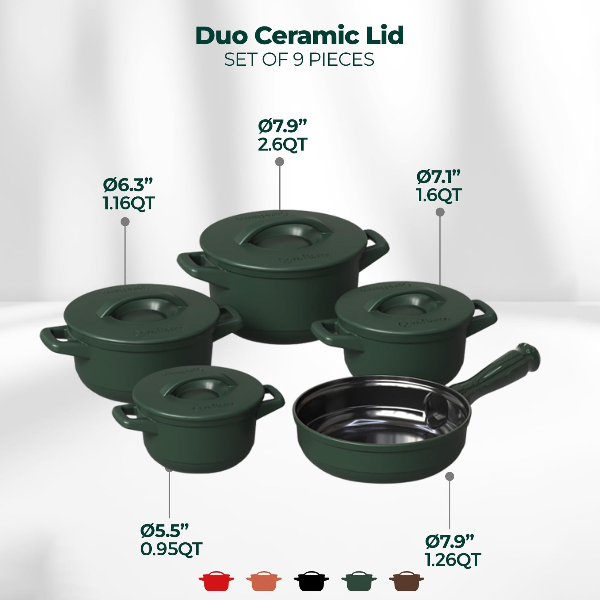 Set of green ceramic lids with measurements and color options on a white background