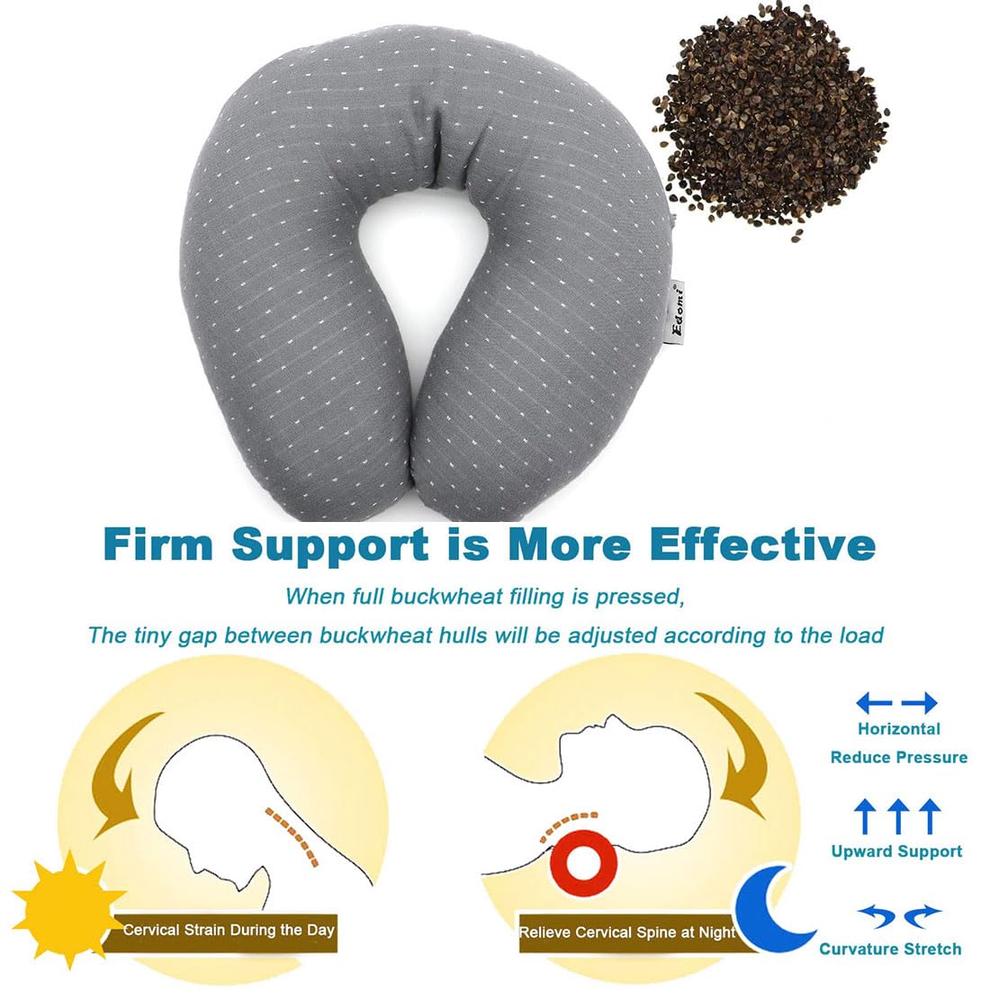 Edomi U-Shaped Adjustable Buckwheat Hull Neck & Shoulder Pillow