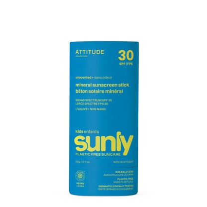 ATTITUDE Mineral Face Sunscreen Stick for Kids, SPF 30, EWG Verified, Plastic-Free, Broad Spectrum UVA/UVB Protection with Zinc Oxide, Dermatologically Tested, Vegan, Unscented, 0.7 Ounce