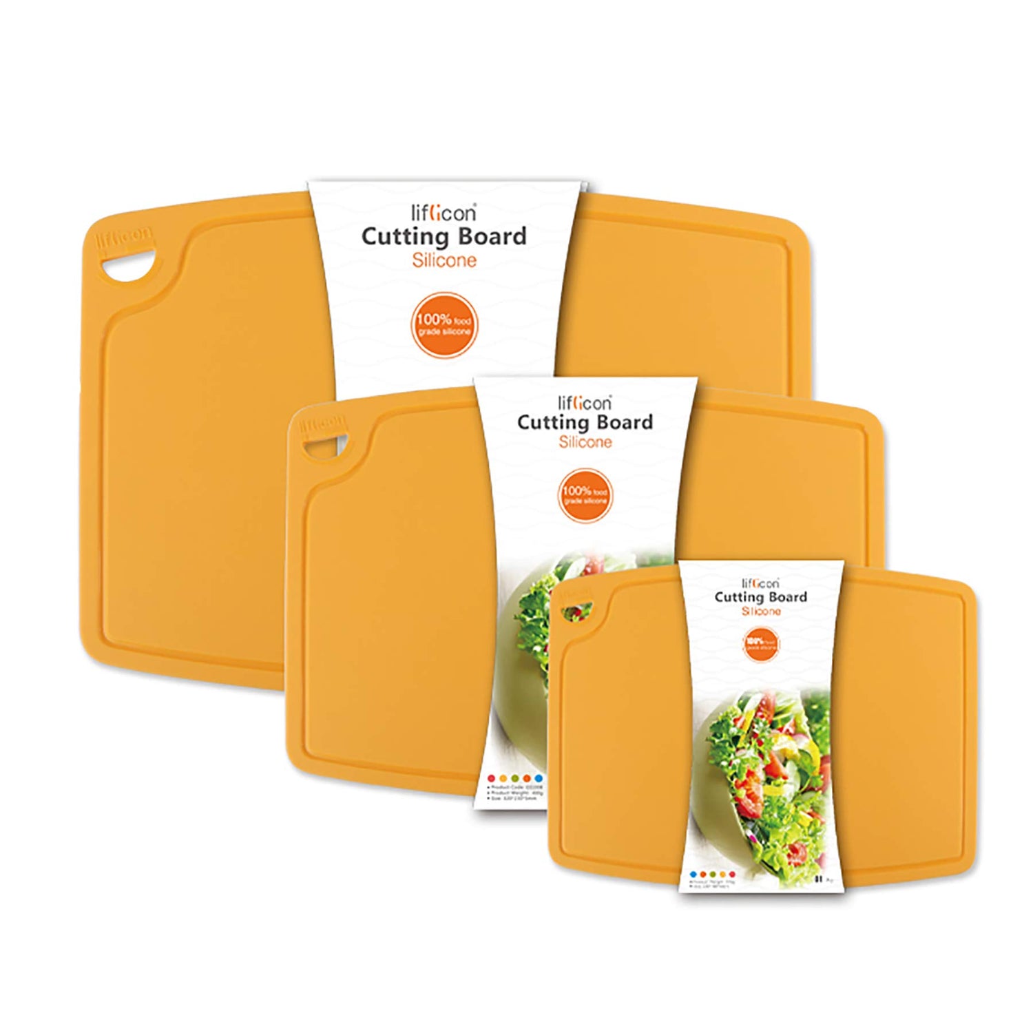Set of orange silicon cutting boards with packaging on a white background