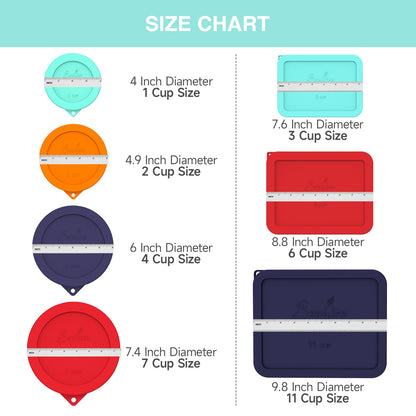 Size chart showing different diameter and cup size measurements with colorful containers.