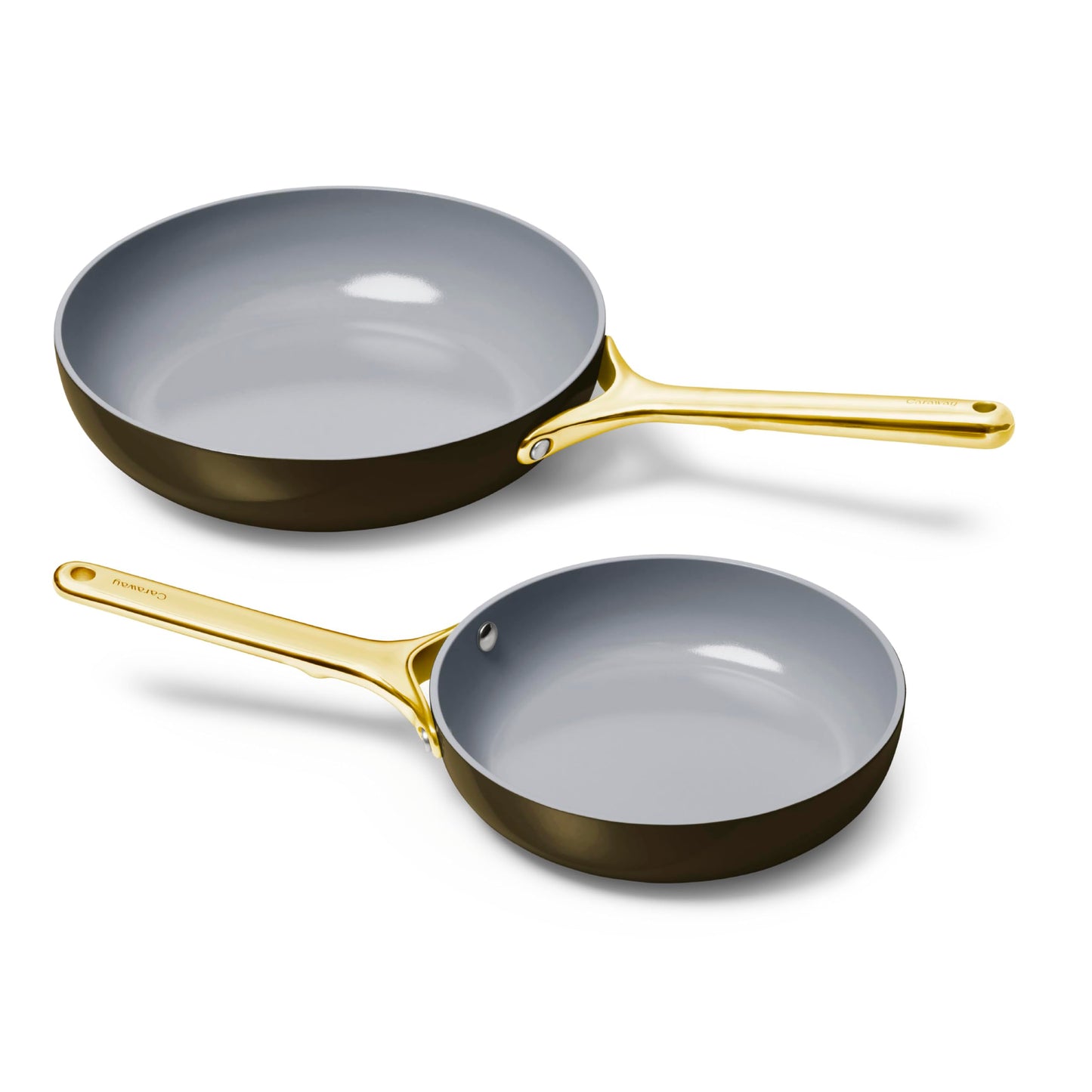 Two frying pans with gold handles on a white background