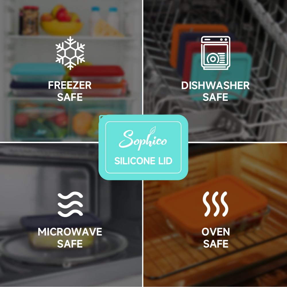 Collage of kitchen items with icons indicating freezer, dishwasher, microwave, and oven safety, featuring the Sophico brand.