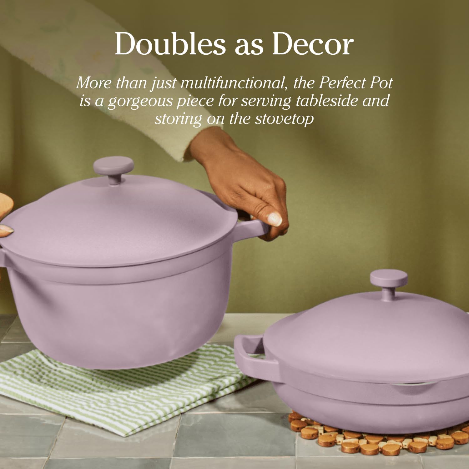Purple pot with a hand holding it, placed on a tiled surface with text about its multifunctional use.