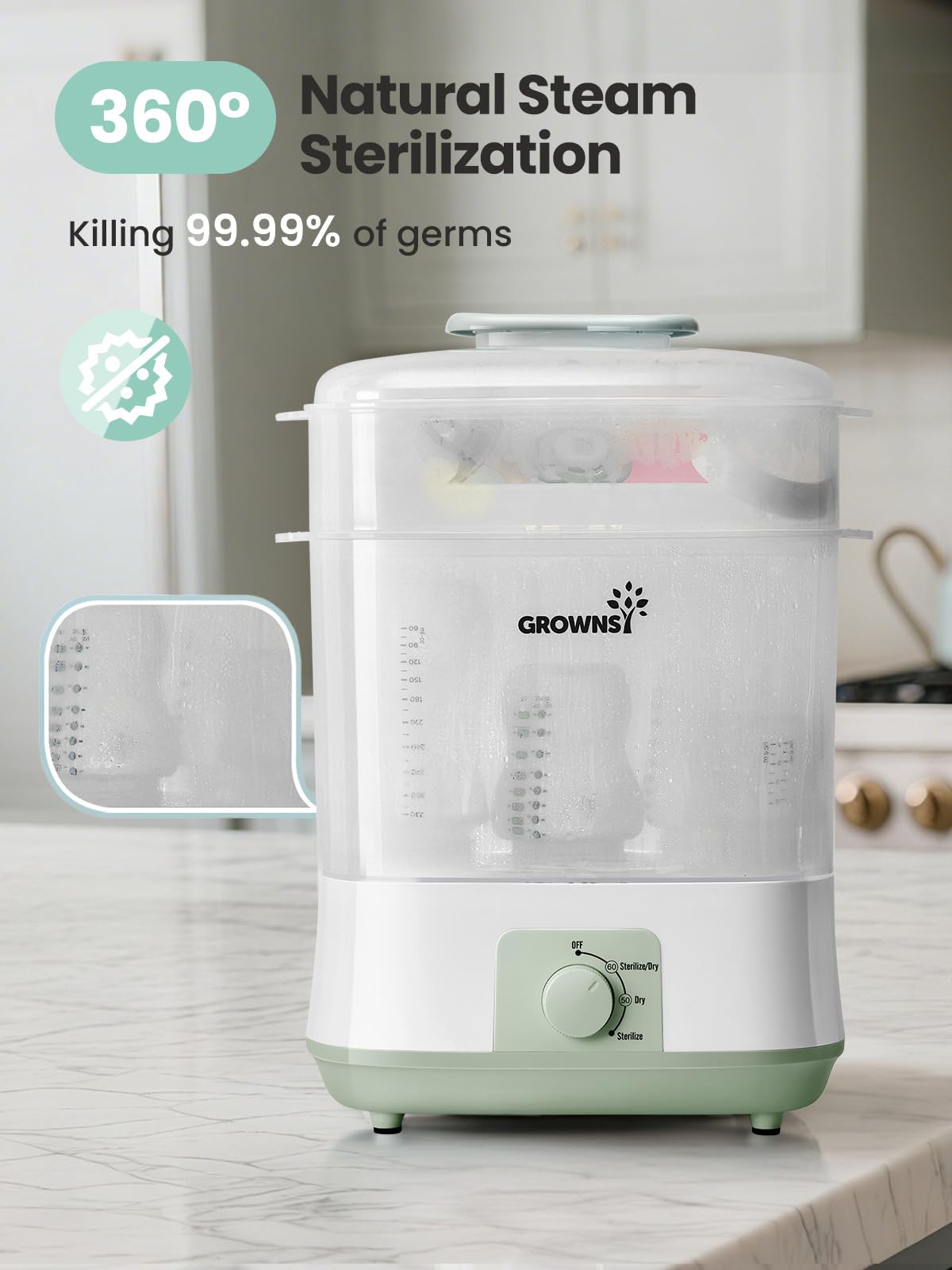 Grownsy 4-in-1 Bottle Sterilizer: Large 8-Bottle Steam Sanitizer