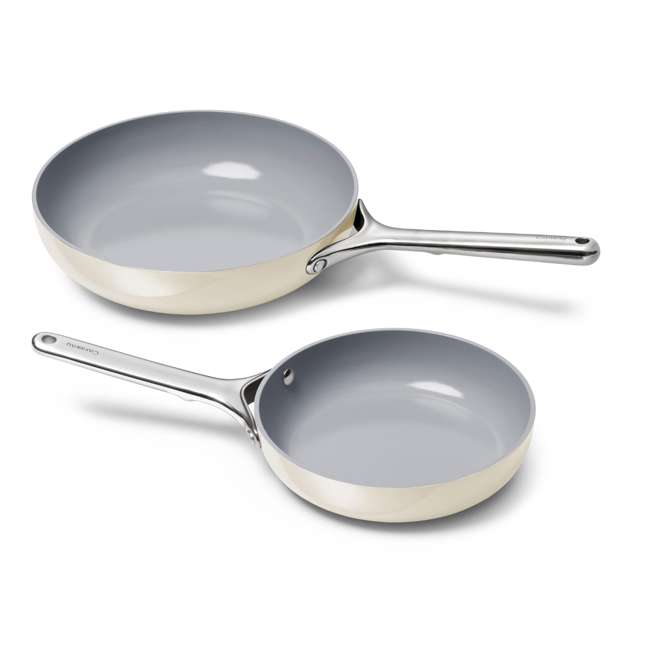 Two ceramic-coated frying pans on a white background