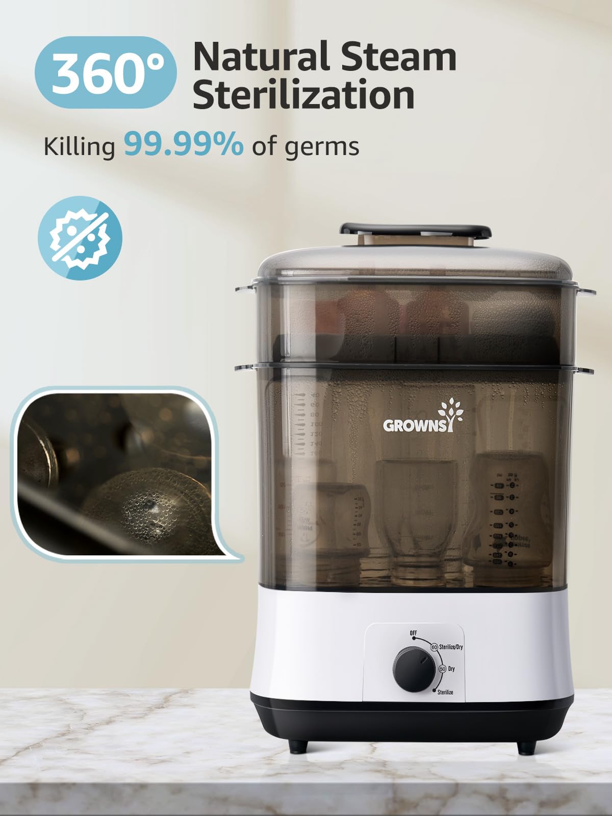 Grownsy 4-in-1 Bottle Sterilizer: Large 8-Bottle Steam Sanitizer
