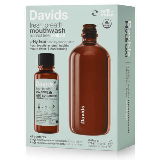 Davids mouthwash packaging with a brown bottle on a light green background