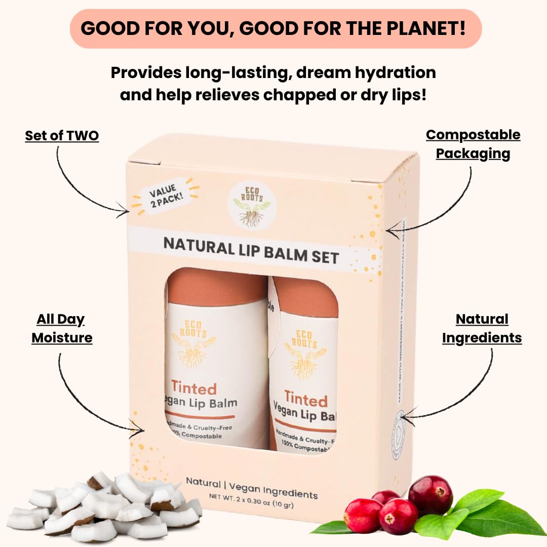 Organic Tinted Lip Balm 2-Pack: Coconut Oil & Plastic-Free Packaging