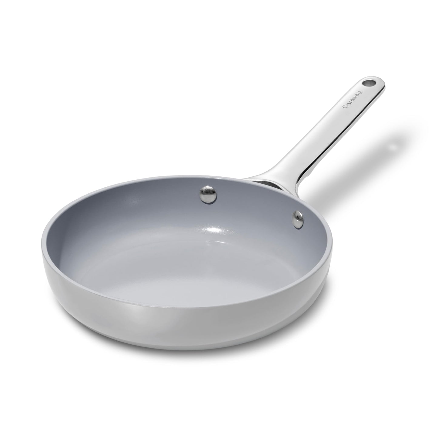 Gray frying pan with a white handle on a white background