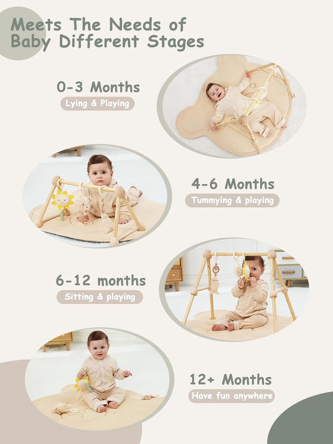 Wooden Baby Play Gym & Activity Mat: Soft Cotton Tummy Time Set