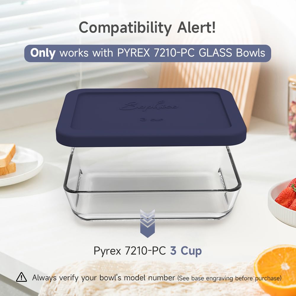 Pyrex glass bowl with a blue lid on a kitchen counter, with compatibility alert text.
