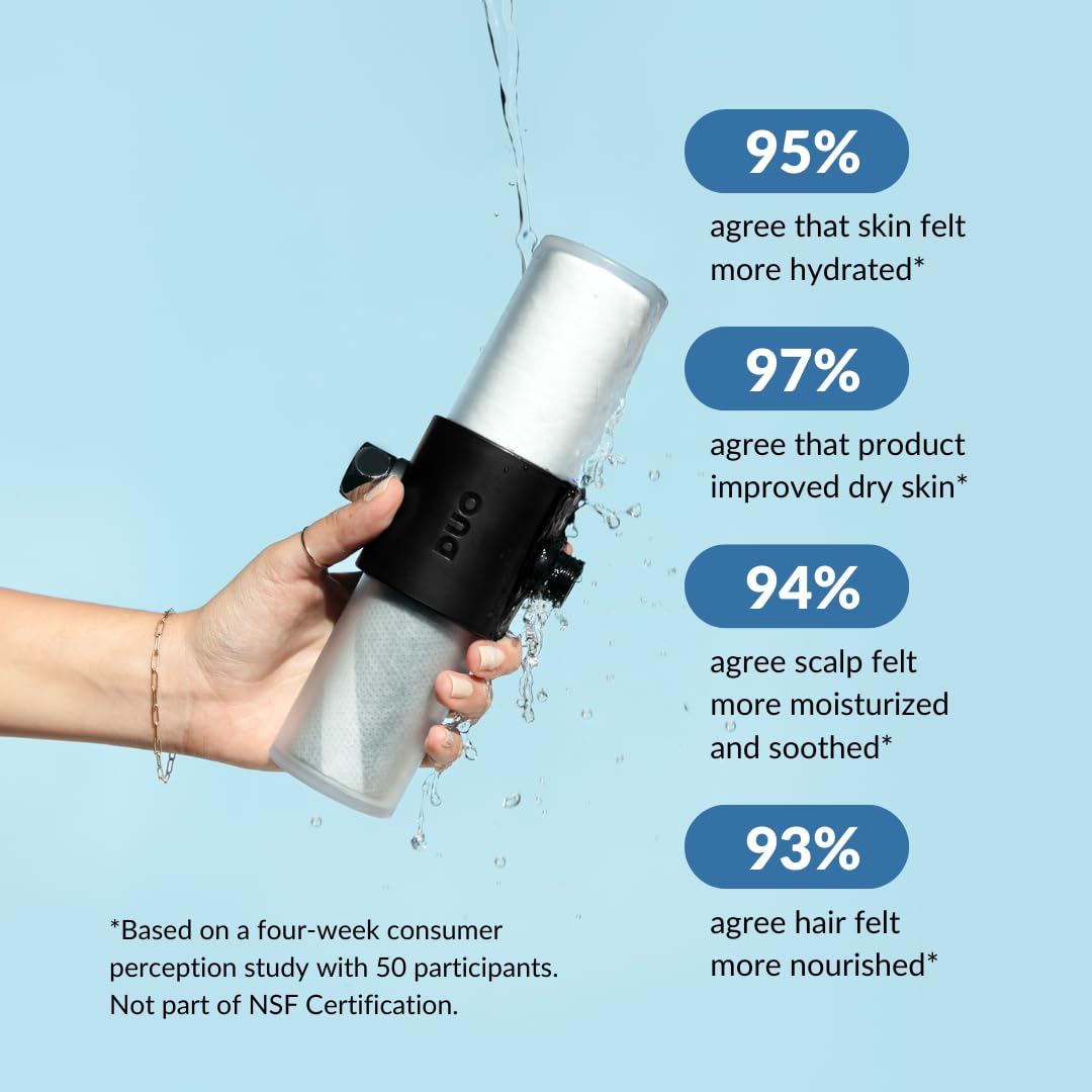 Hand holding a black and white device with water splashing around, against a light blue background with text about product benefits.