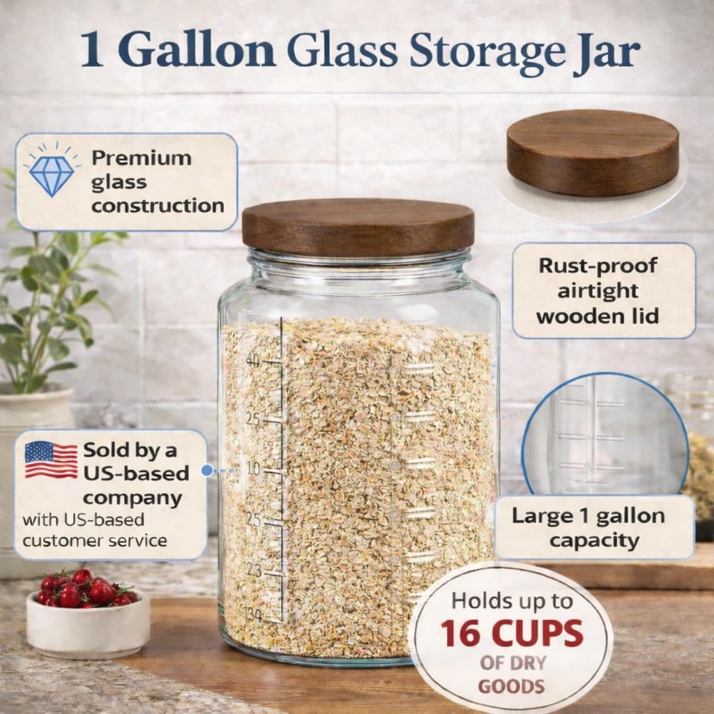 Kitchentoolz 1 Gallon Glass Mason Jar with Acacia Wood Lid