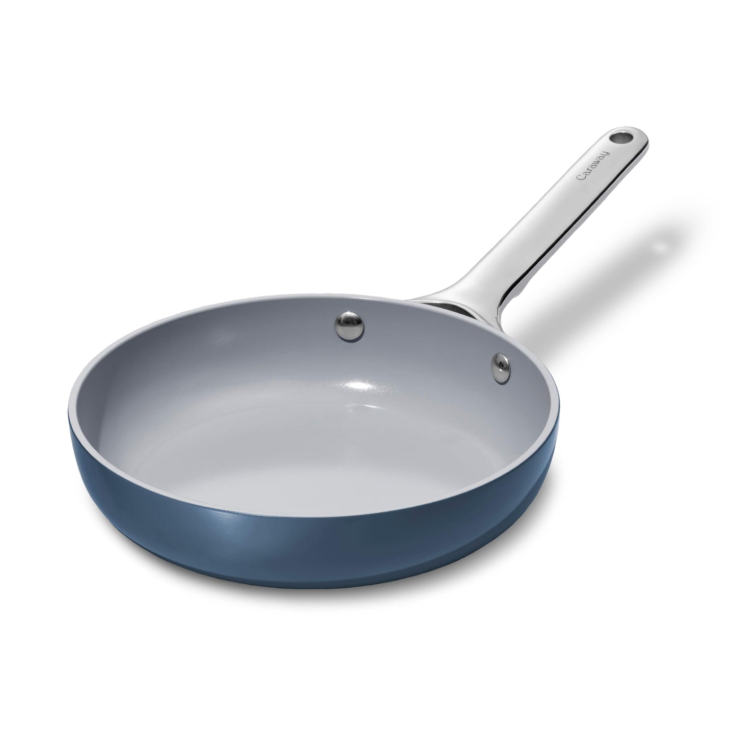Blue frying pan with a silver handle on a white background