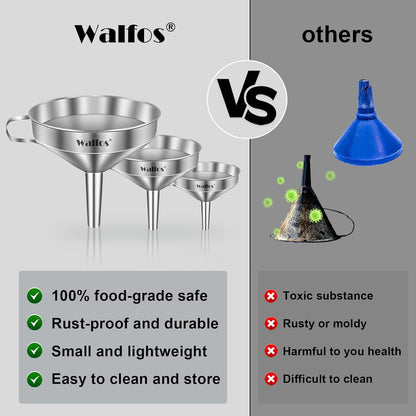 Walfos Stainless Steel Funnel Set: 3-Pack with Removable Strainers