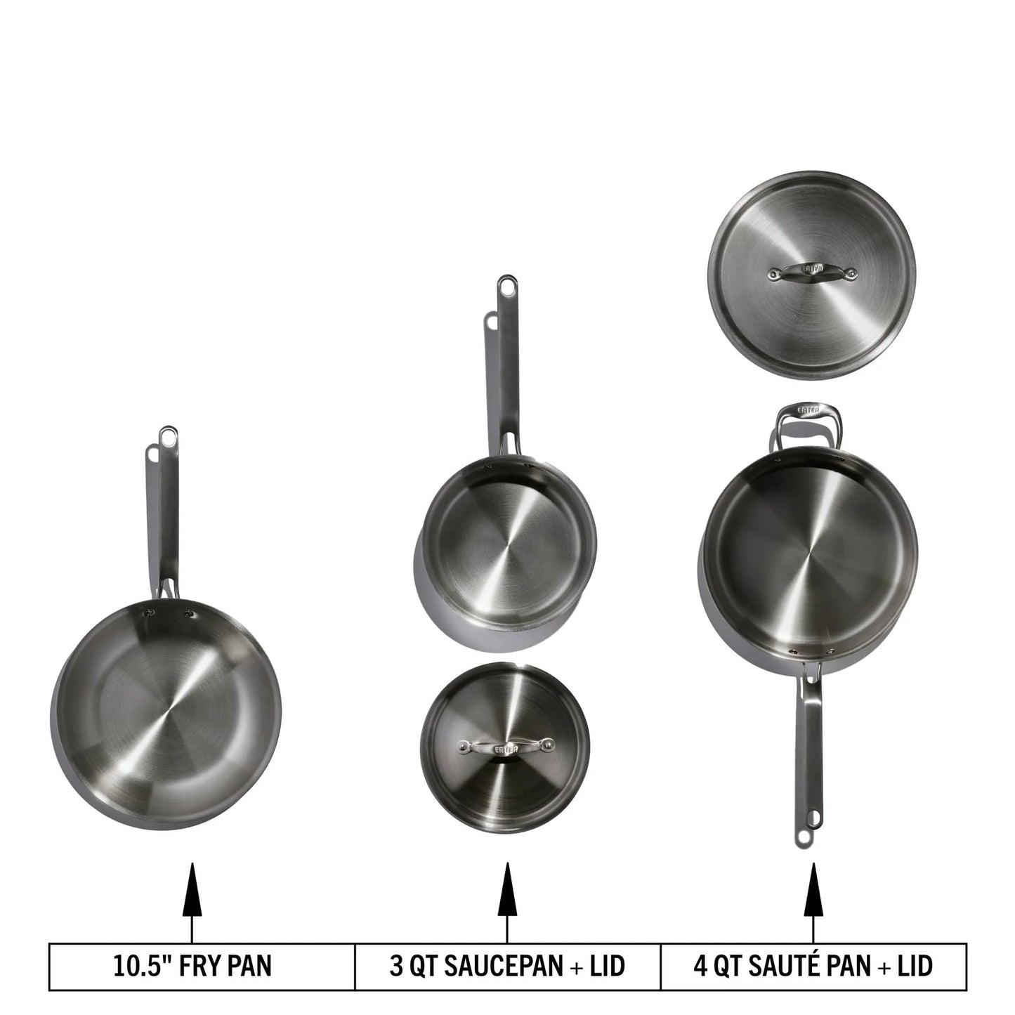 Set of stainless steel cookware including a fry pan, saucepan with lid, and sauté pan with lid on a white background.
