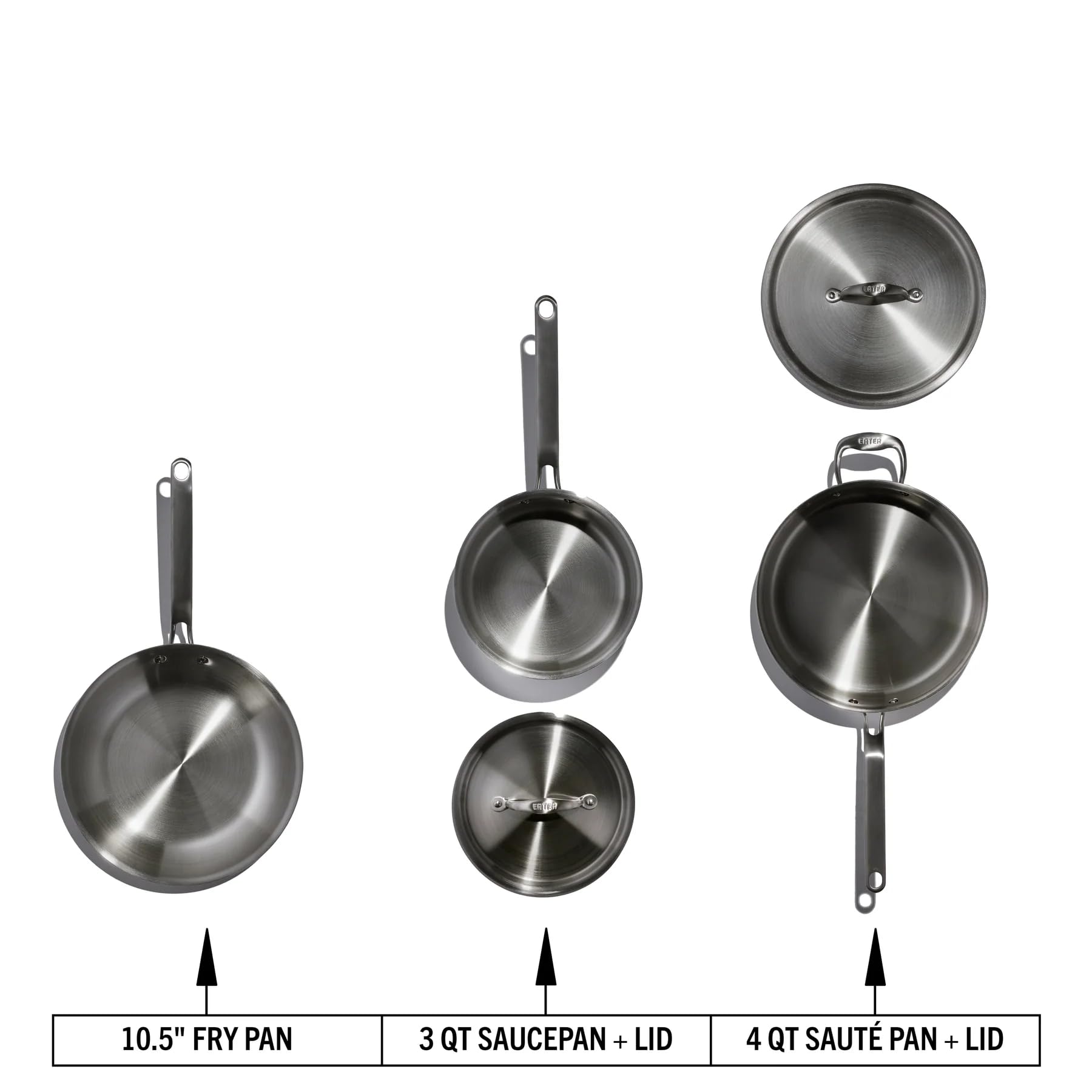 Set of stainless steel cookware including a fry pan, saucepan with lid, and sauté pan with lid on a white background.
