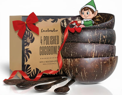 COCOBOWLCO Jumbo Polished Coconut Bowl Set with Wooden Spoons