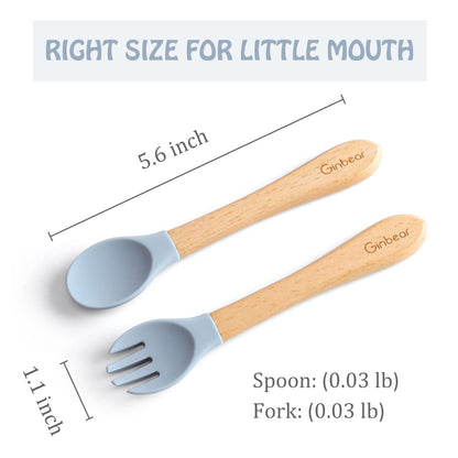 Ginbear 100% Plastic-Free Silicone & Natural Wood Toddler Flatware