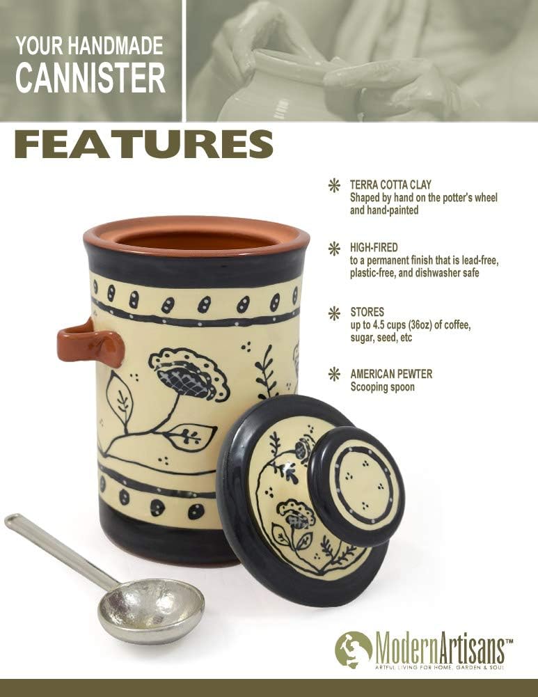 American Handmade Terra Cotta Pottery Kitchen Canister with Pewter Spoon Scoop, Lead-Free USA Handmade