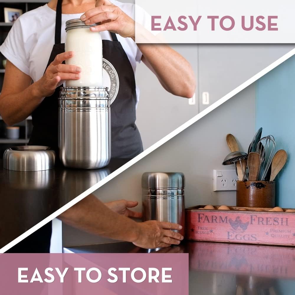 Person using a Non-Electric Stainless Steel Yogurt Maker (1-Quart Glass Jar), with text 'Easy to Use' and 'Easy to Store'.