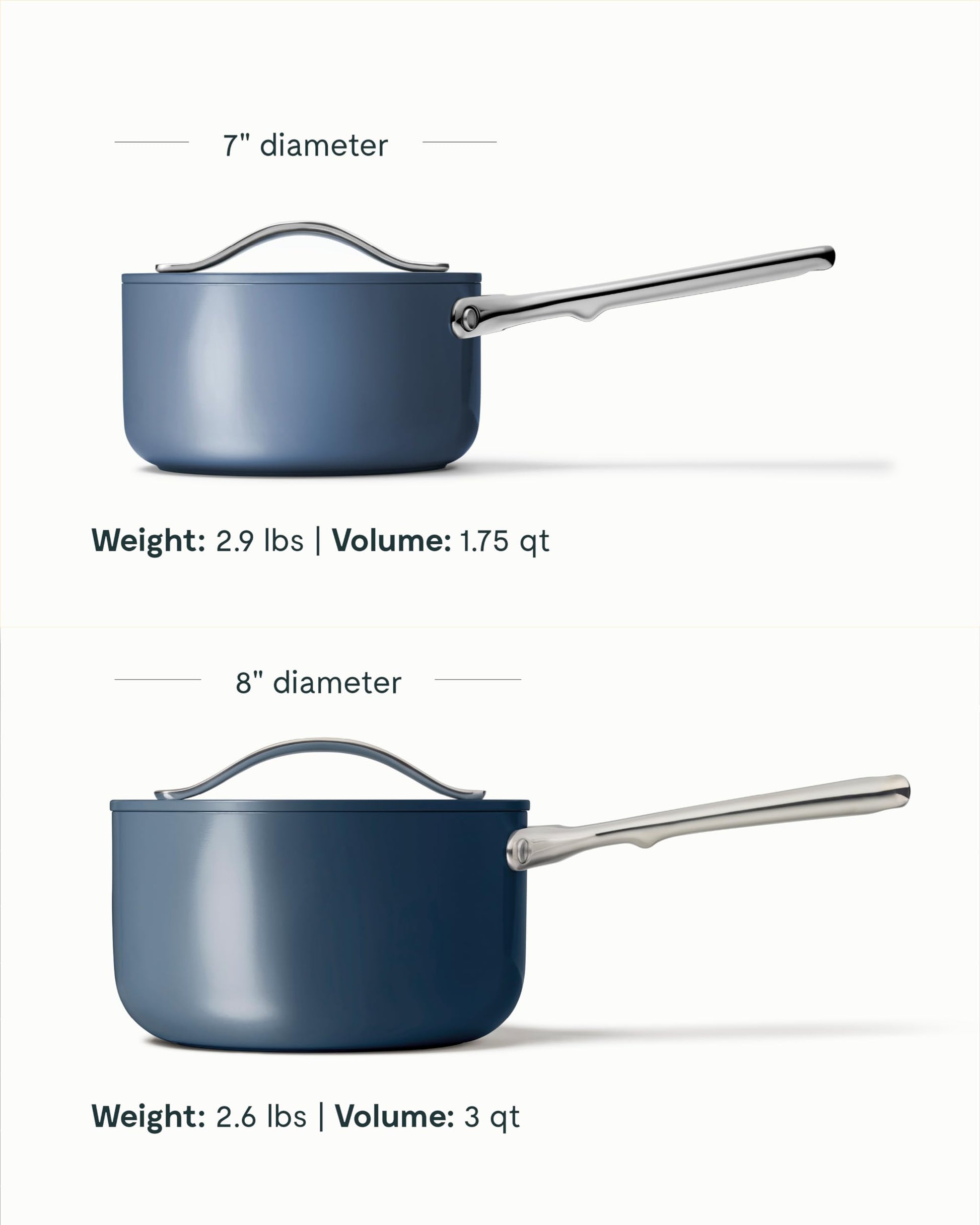 Two blue saucepans with measurements and specifications on a white background