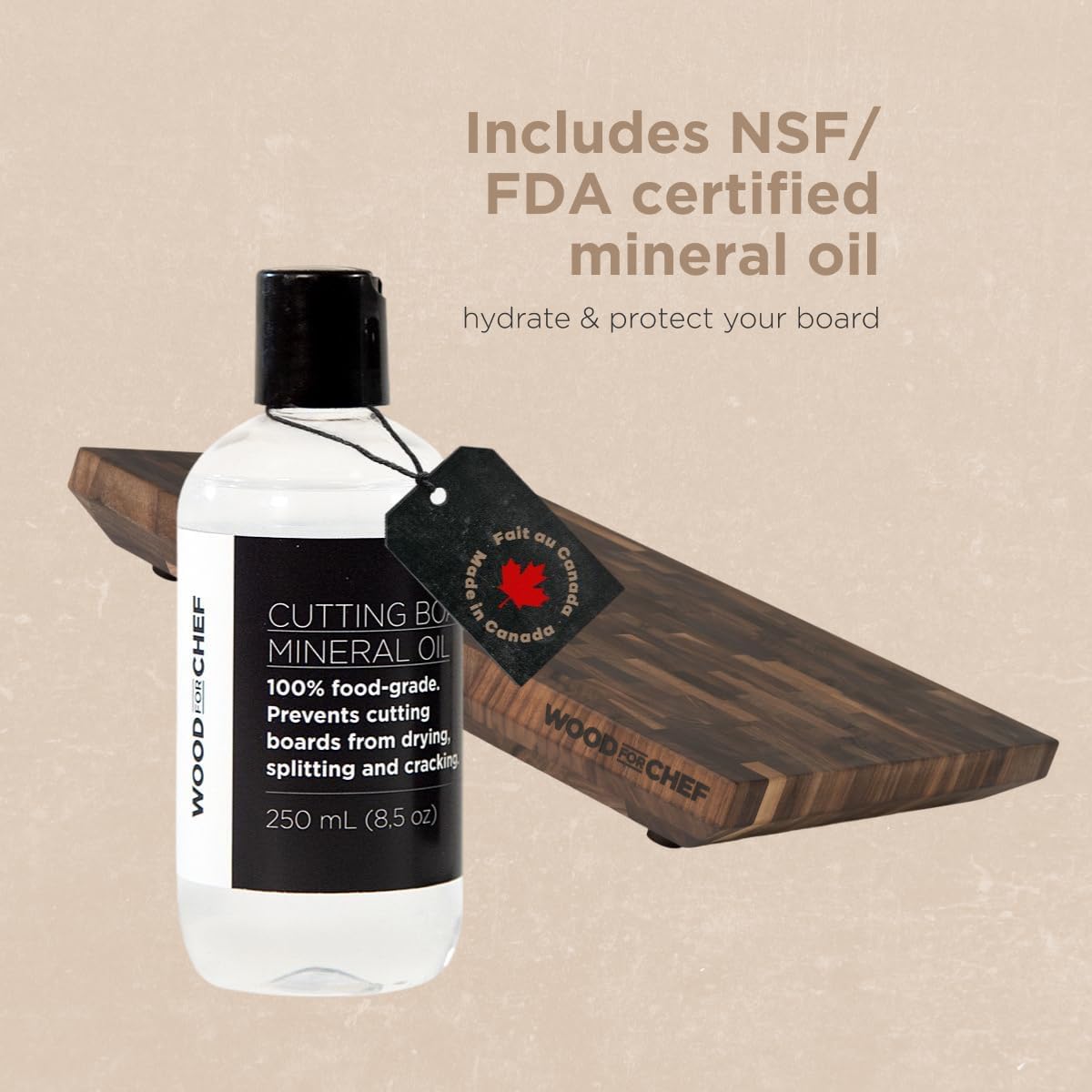 Bottle of Wood Chef mineral oil with a wooden cutting board on a beige background
