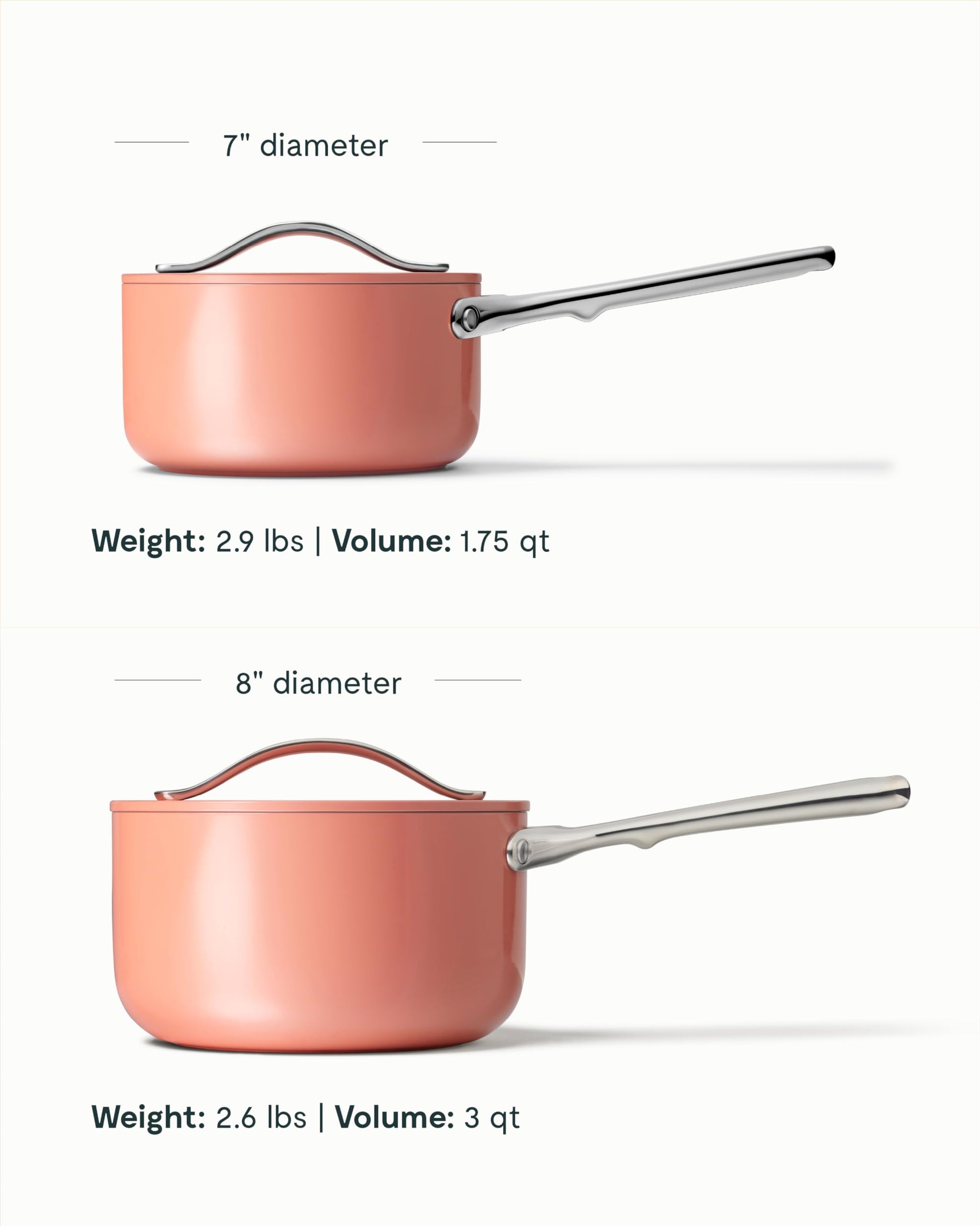 Two pink cookware pots with measurements and specifications on a white background