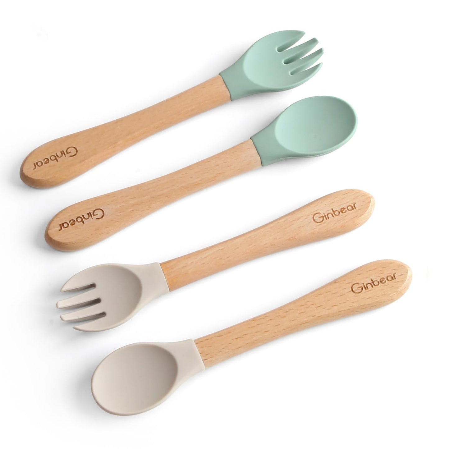Ginbear 100% Plastic-Free Silicone & Natural Wood Toddler Flatware