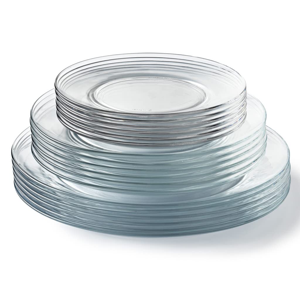 Stack of Duralex Lys Clear Glass Dinnerware Set, 18-Piece (Service for 6) on a white background