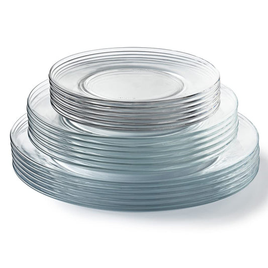 Stack of Duralex Lys Clear Glass Dinnerware Set, 18-Piece (Service for 6) on a white background