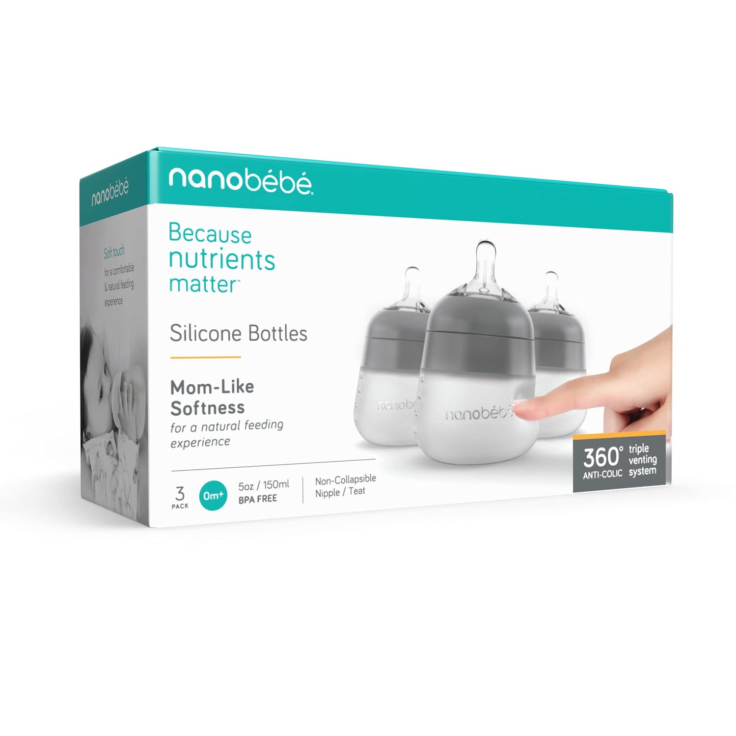 Nanobebe Flexy 9oz Silicone Baby Bottles with Anti-Colic Venting (3-Pack)