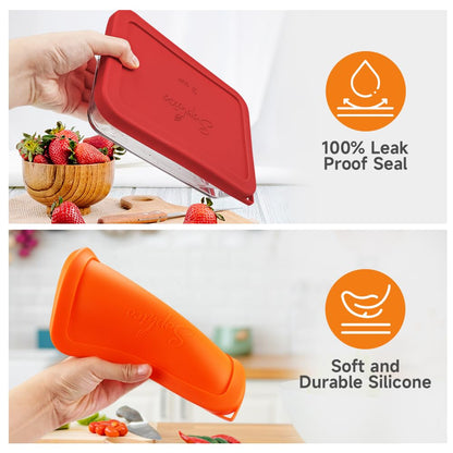 Red and orange silicone food covers with text highlighting features on a kitchen background.