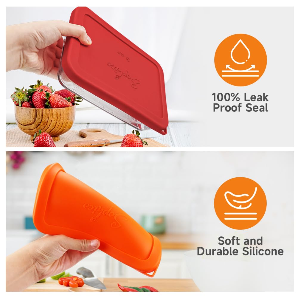 Red and orange silicone food covers with text highlighting features on a kitchen background.