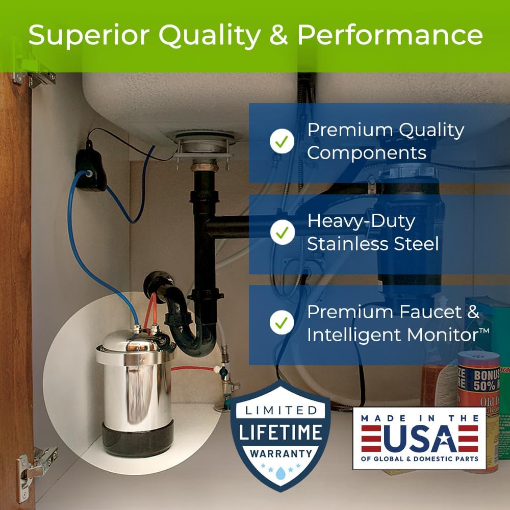 Under-sink plumbing system with quality and performance features highlighted.