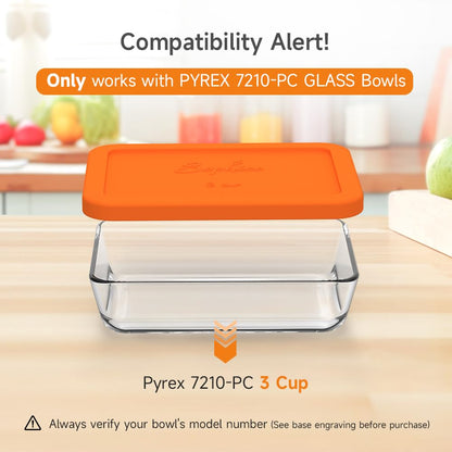 Glass bowl with an orange lid on a kitchen counter, featuring compatibility alert text.