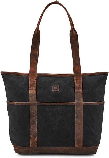 Wise Owl 16oz Waxed Cotton Canvas & Crazy Horse Leather Tote Bag