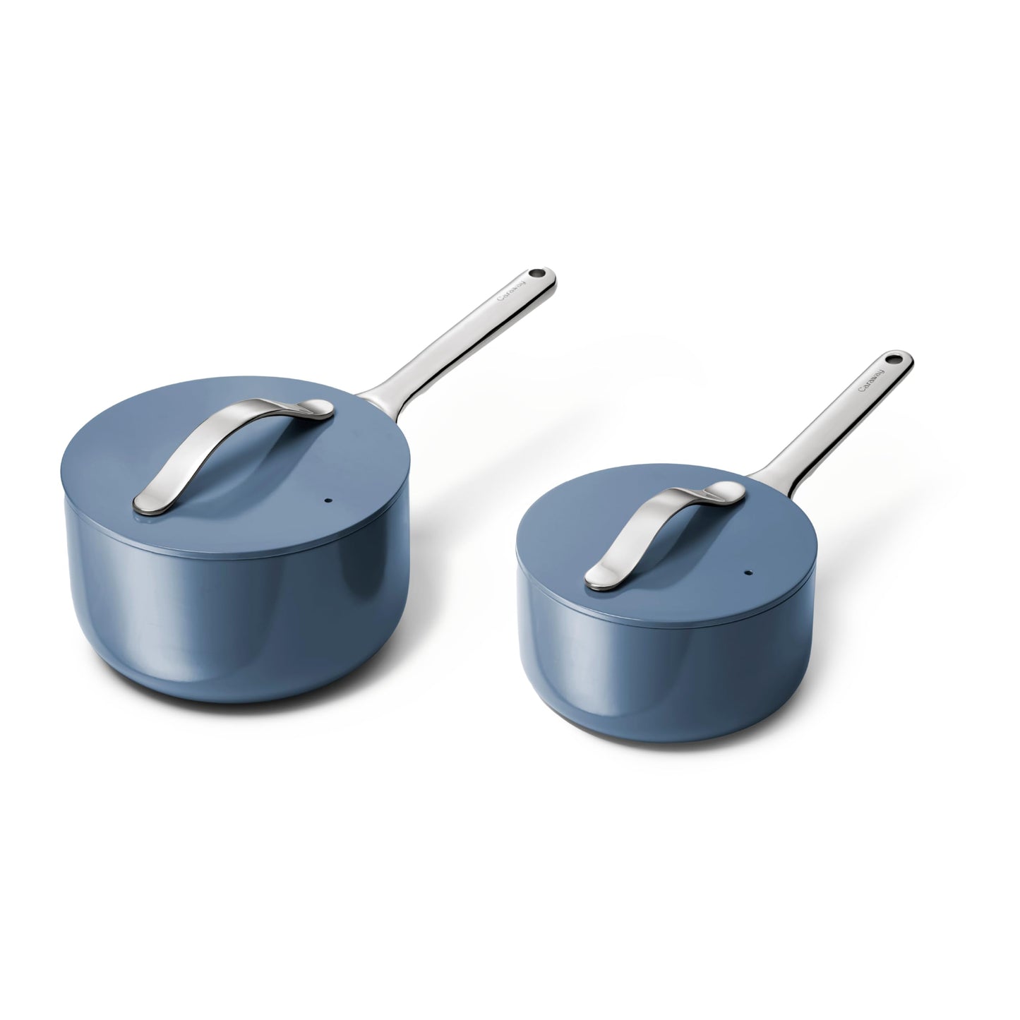 Two blue cookware pots with silver handles on a white background