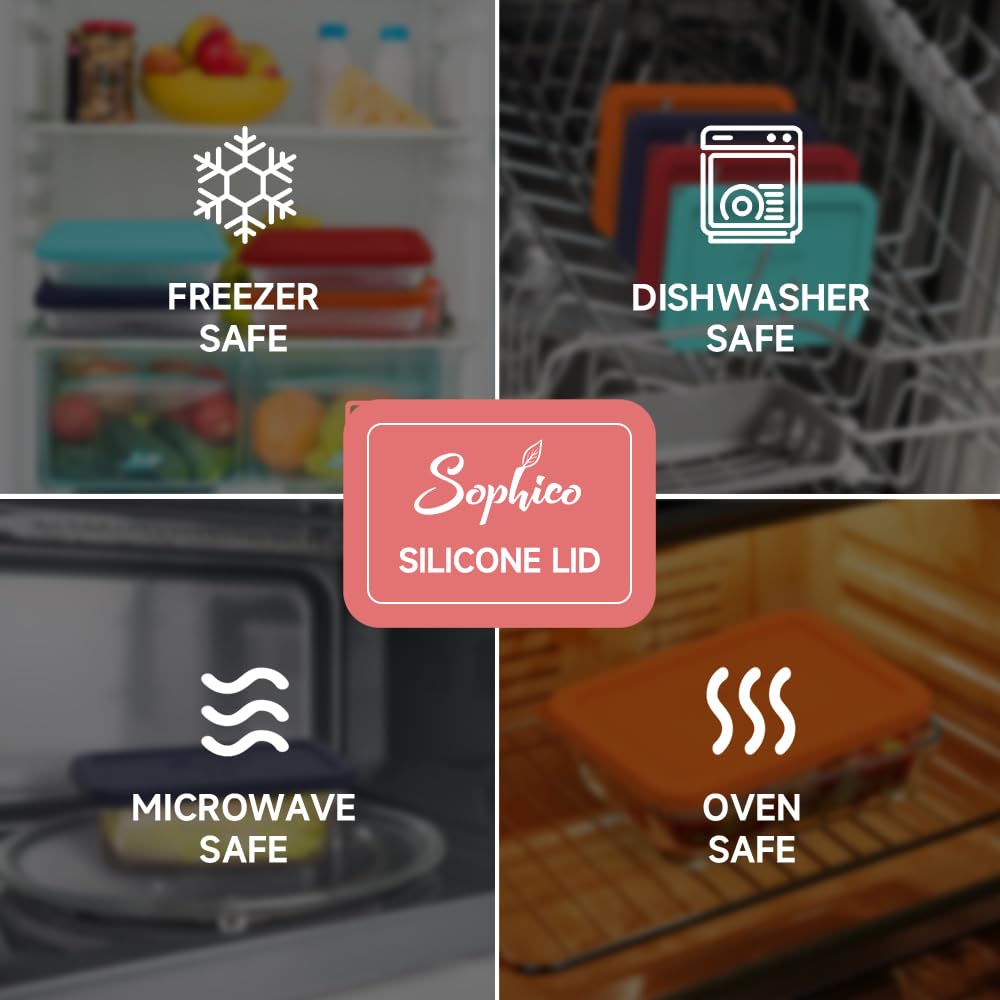 Collage of icons indicating freezer, dishwasher, microwave, and oven safety with a 'Sophico' silicone lid label.