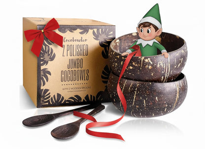 COCOBOWLCO Jumbo Polished Coconut Bowl Set with Wooden Spoons