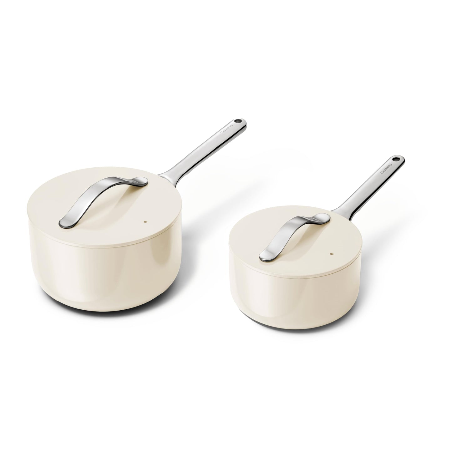 Two cream-colored cookware pots with silver handles on a white background