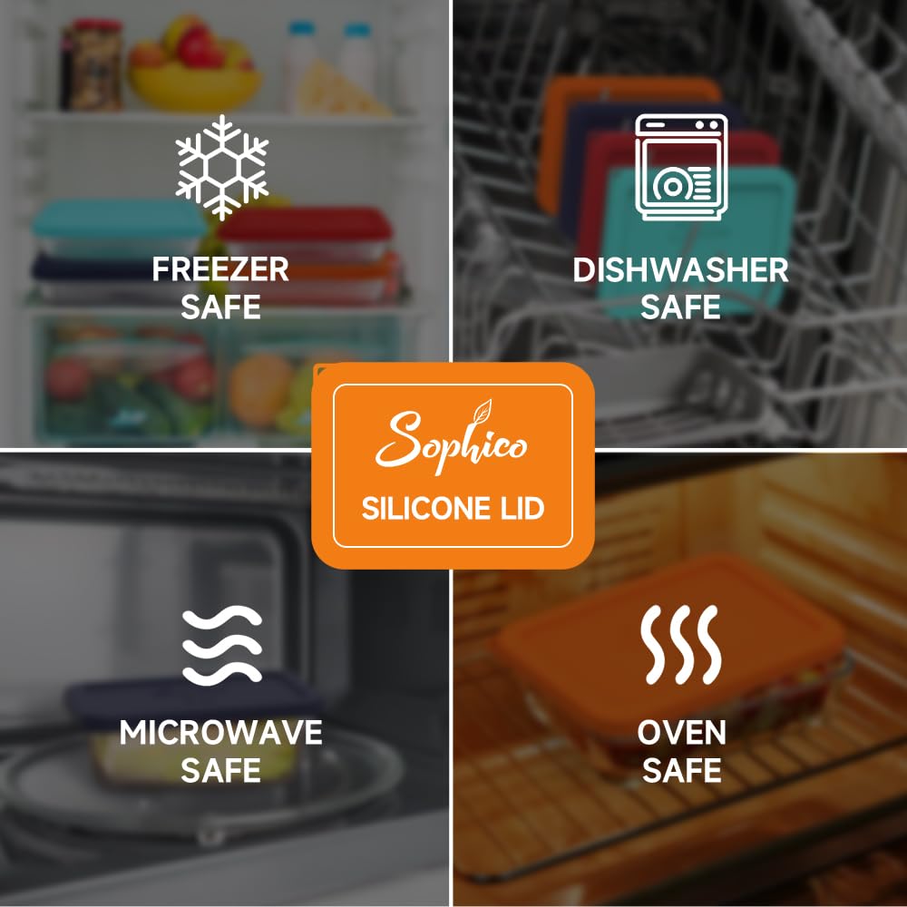 Collage of images showing the versatility of a silicone lid with icons for freezer, dishwasher, microwave, and oven safety.