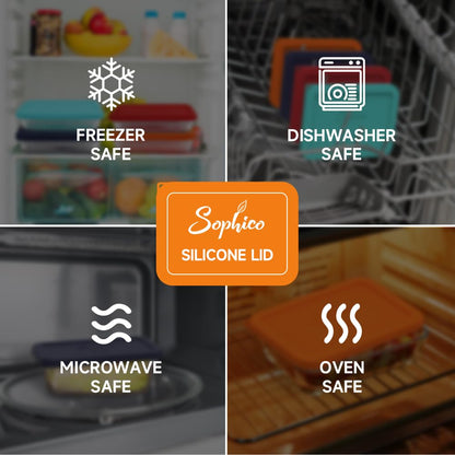 Collage of images showing the versatility of a silicone lid with icons for freezer, dishwasher, microwave, and oven safety.