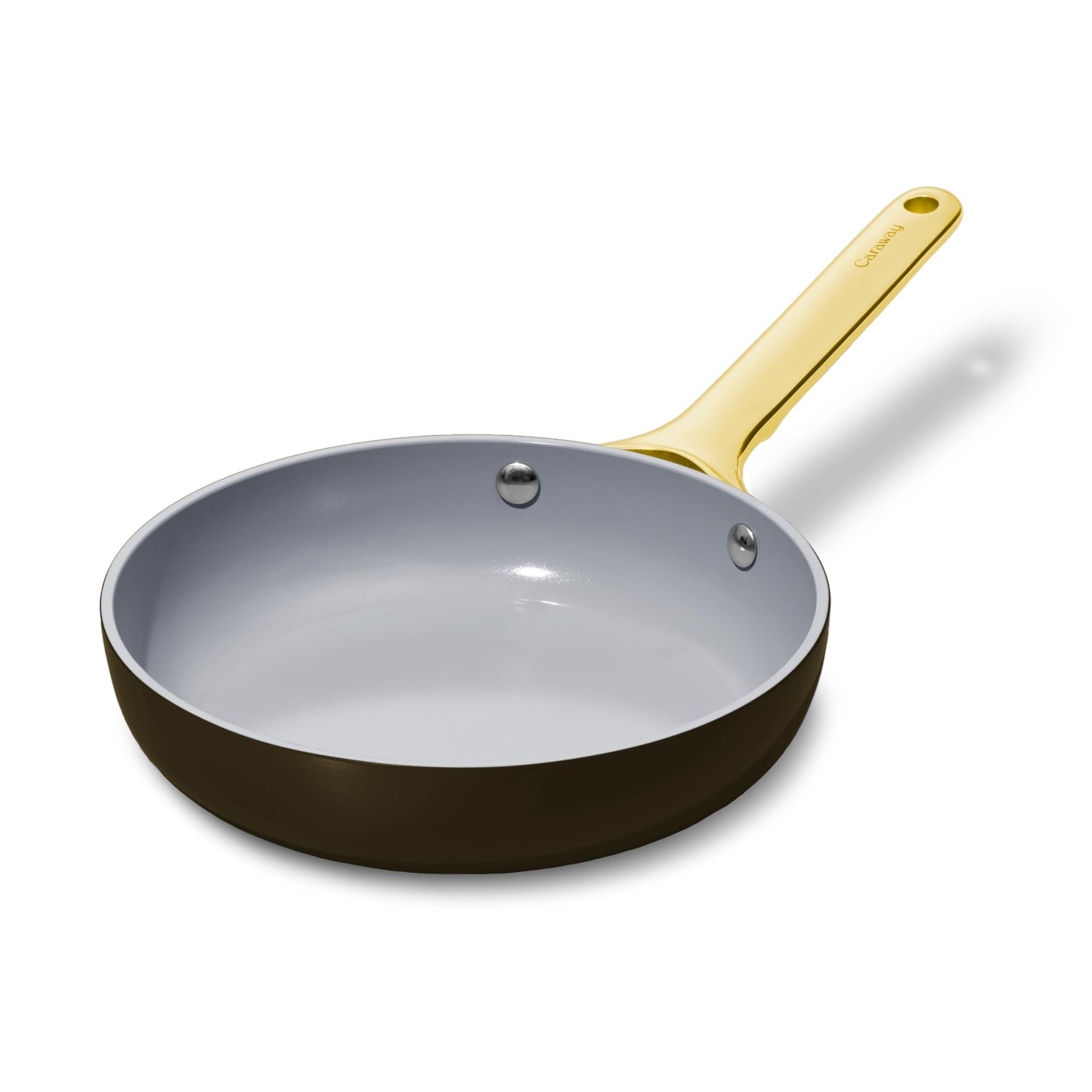 Frying pan with a gold handle on a white background