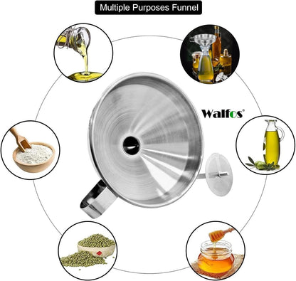 Walfos Stainless Steel Funnel Set: 3-Pack with Removable Strainers