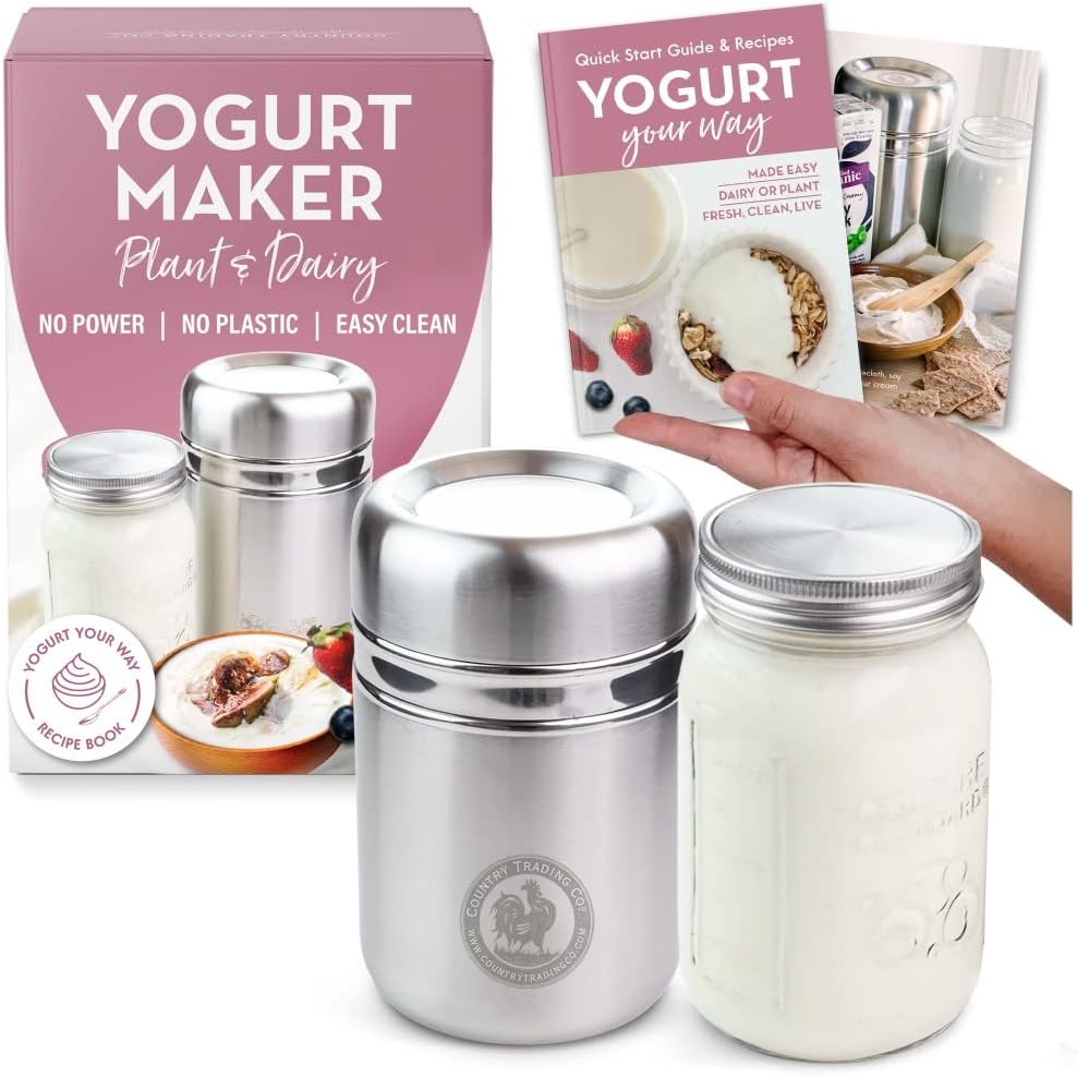 Non-Electric Stainless Steel Yogurt Maker: 1-Quart Glass Jar, Plastic-Free & Probiotic-Rich