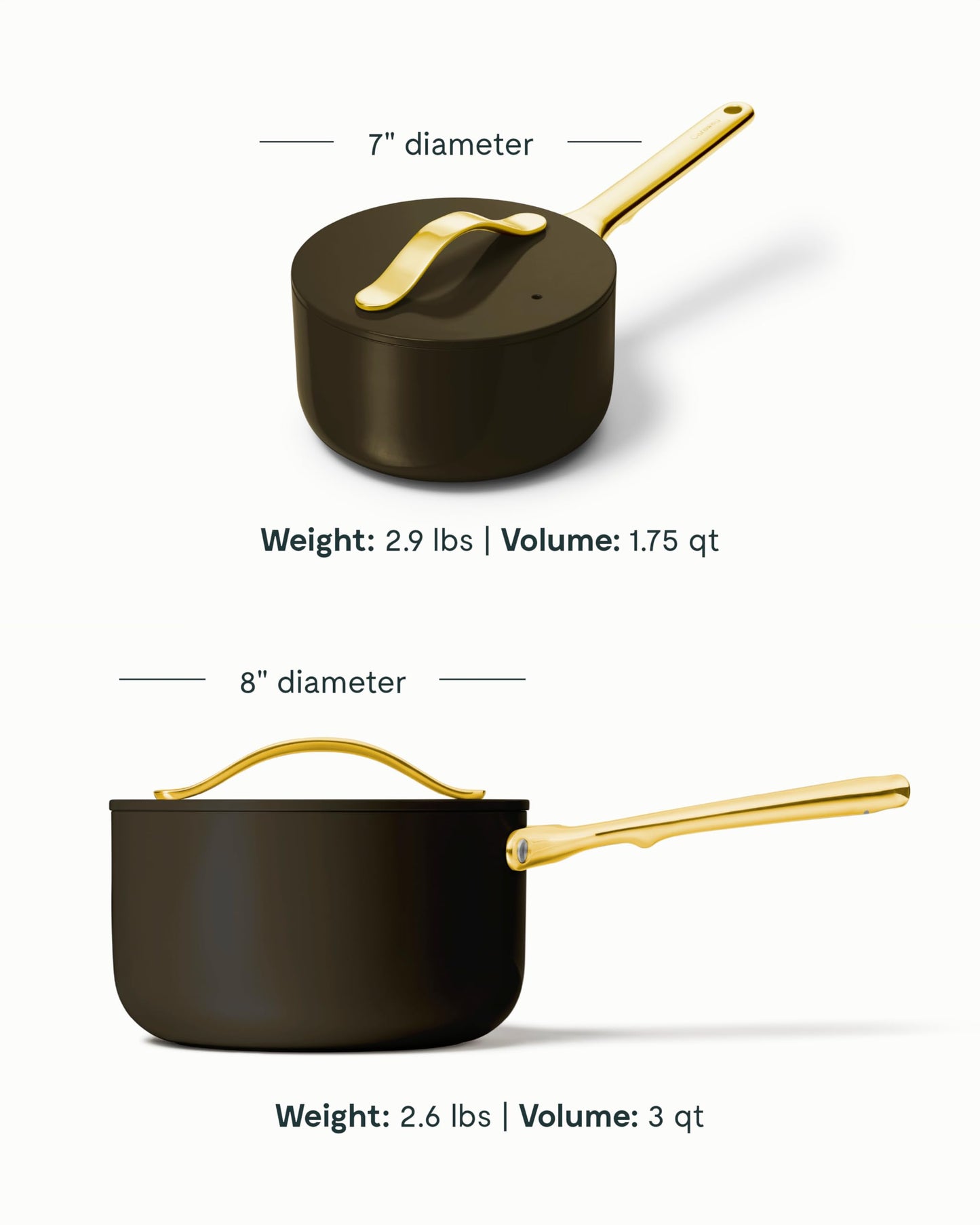 Two black pots with gold handles on a white background, showing measurements and weights.