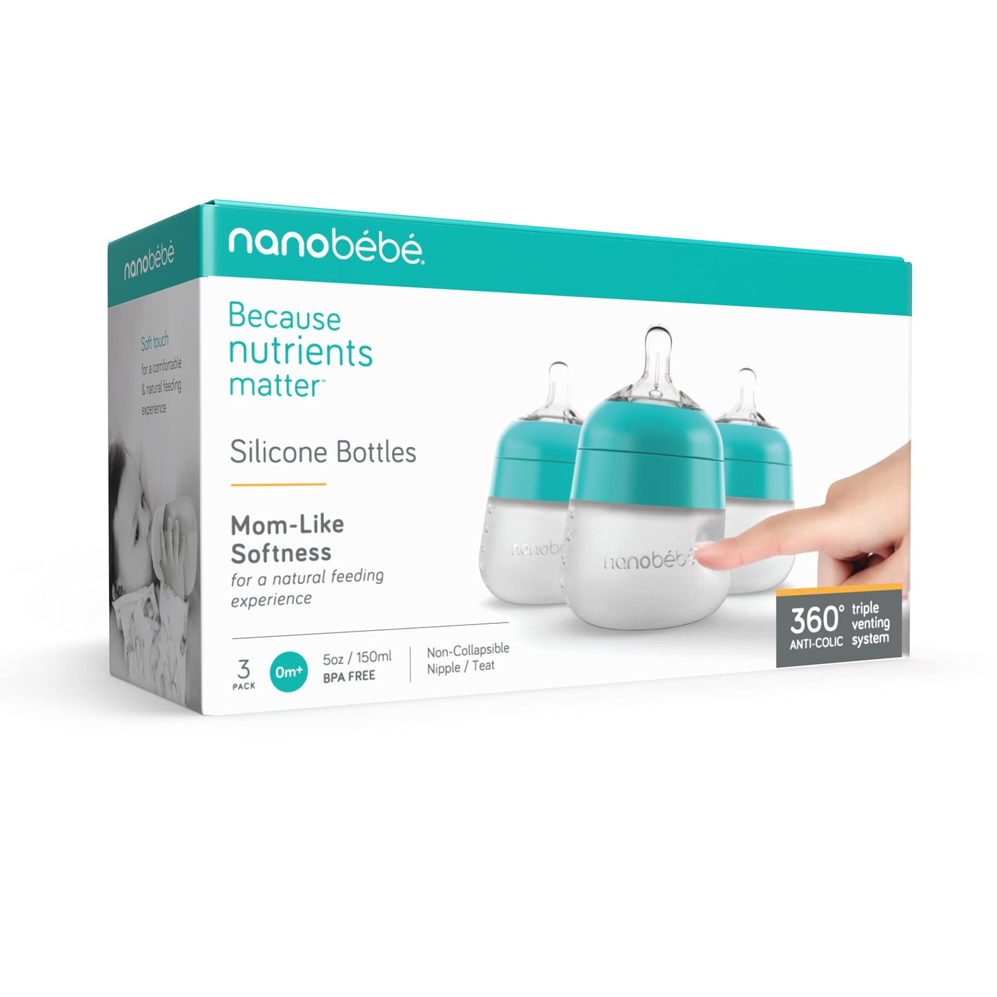 Nanobebe Flexy 9oz Silicone Baby Bottles with Anti-Colic Venting (3-Pack)